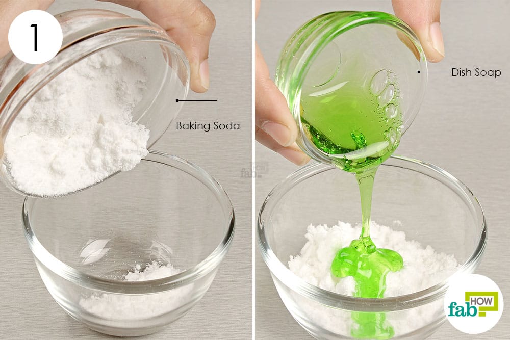 step 1 to clean with baking soda mix dish soap and baking soda